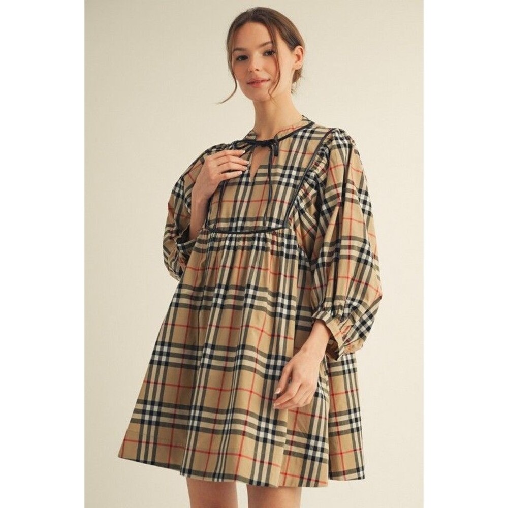 Jodifl Tie Neck Detail Plaid Babydoll Dress